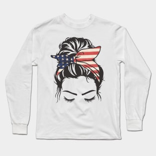 Messy Bun Girl American Flag Bandana Long Sleeve T-Shirt